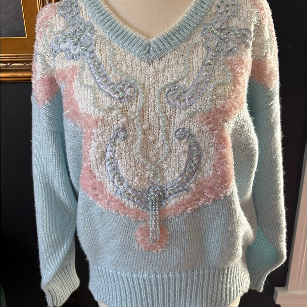 Vintage Jaclyn Smith V-Neck Sweater in Blue and Pink with Intricate Design